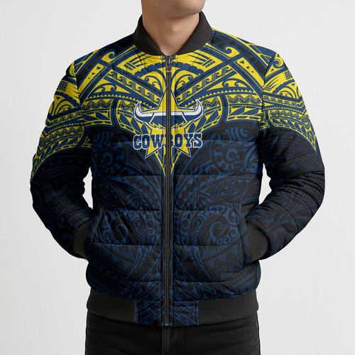Personalized North Queensland Cowboys Bomber Puffer Jacket Polynesian Tribal Pattern Style