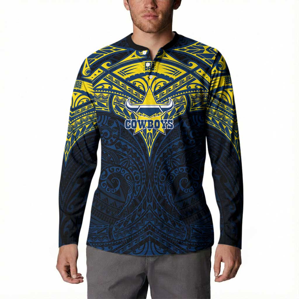 Personalized North Queensland Cowboys Button Sweatshirt Polynesian Tribal Pattern Style