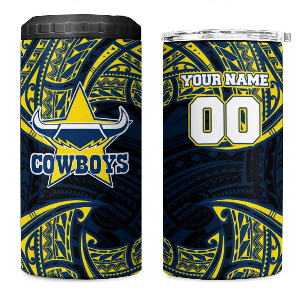 Personalized North Queensland Cowboys 4 in 1 Can Cooler Tumbler Polynesian Tribal Pattern Style