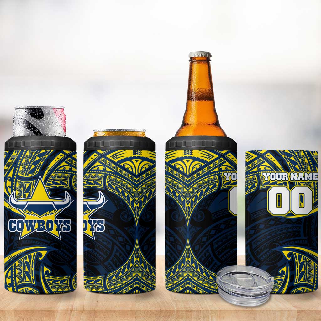 Personalized North Queensland Cowboys 4 in 1 Can Cooler Tumbler Polynesian Tribal Pattern Style