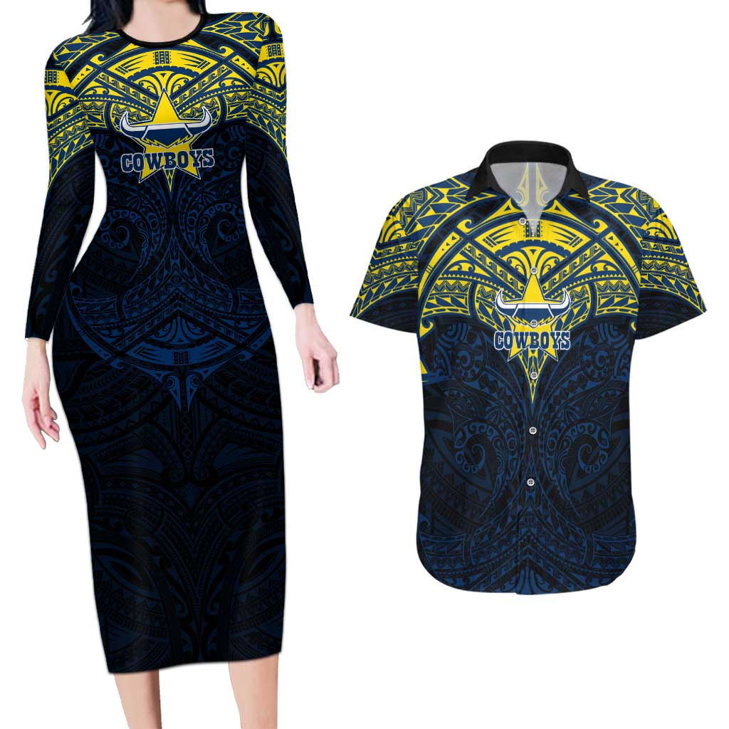 Personalized North Queensland Cowboys Couples Matching Long Sleeve Bodycon Dress and Hawaiian Shirt Polynesian Tribal Pattern Style