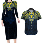 Personalized North Queensland Cowboys Couples Matching Long Sleeve Bodycon Dress and Hawaiian Shirt Polynesian Tribal Pattern Style