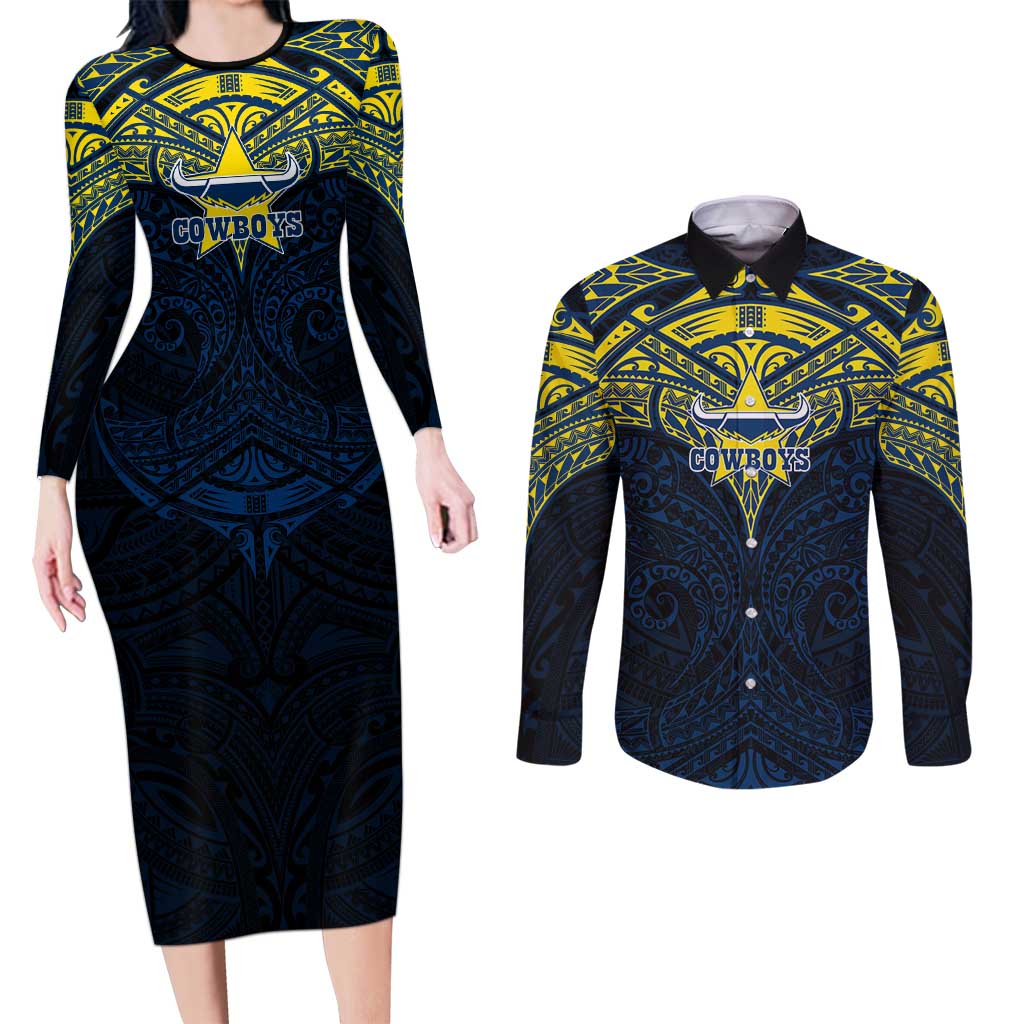 Personalized North Queensland Cowboys Couples Matching Long Sleeve Bodycon Dress and Long Sleeve Button Shirt Polynesian Tribal Pattern Style
