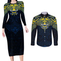 Personalized North Queensland Cowboys Couples Matching Long Sleeve Bodycon Dress and Long Sleeve Button Shirt Polynesian Tribal Pattern Style