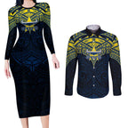 Personalized North Queensland Cowboys Couples Matching Long Sleeve Bodycon Dress and Long Sleeve Button Shirt Polynesian Tribal Pattern Style