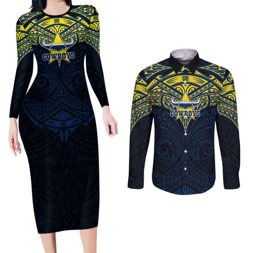 Personalized North Queensland Cowboys Couples Matching Long Sleeve Bodycon Dress and Long Sleeve Button Shirt Polynesian Tribal Pattern Style