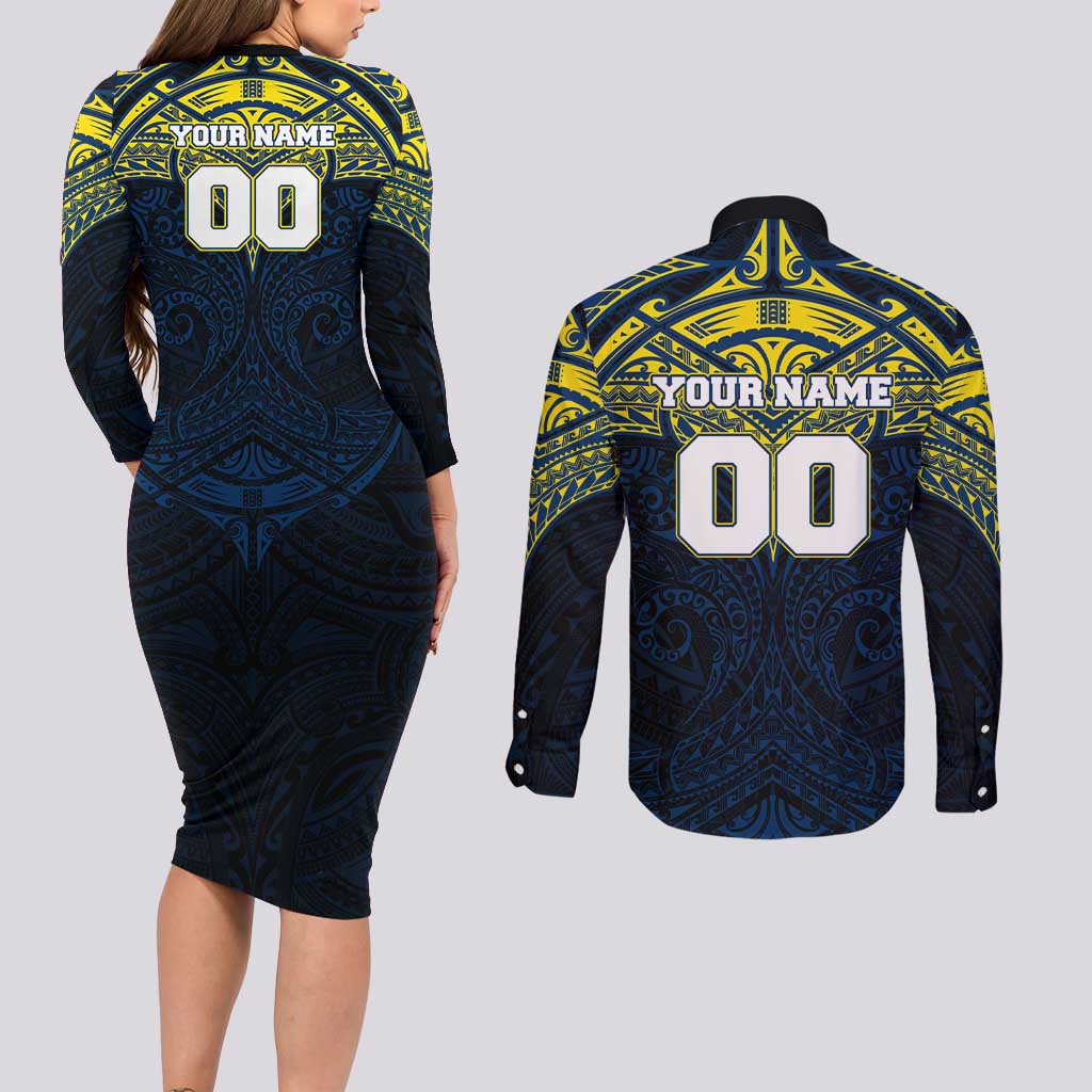 Personalized North Queensland Cowboys Couples Matching Long Sleeve Bodycon Dress and Long Sleeve Button Shirt Polynesian Tribal Pattern Style