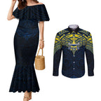 Personalized North Queensland Cowboys Couples Matching Mermaid Dress and Long Sleeve Button Shirt Polynesian Tribal Pattern Style