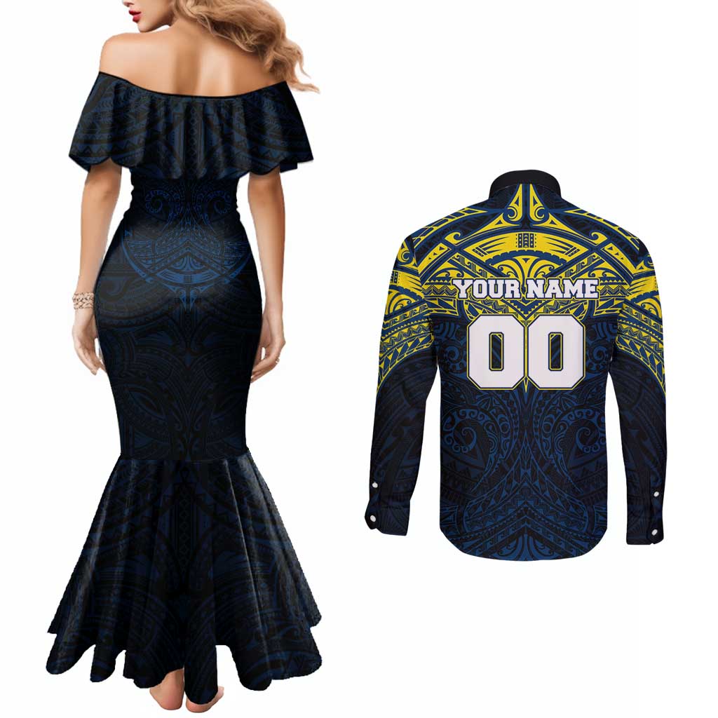 Personalized North Queensland Cowboys Couples Matching Mermaid Dress and Long Sleeve Button Shirt Polynesian Tribal Pattern Style