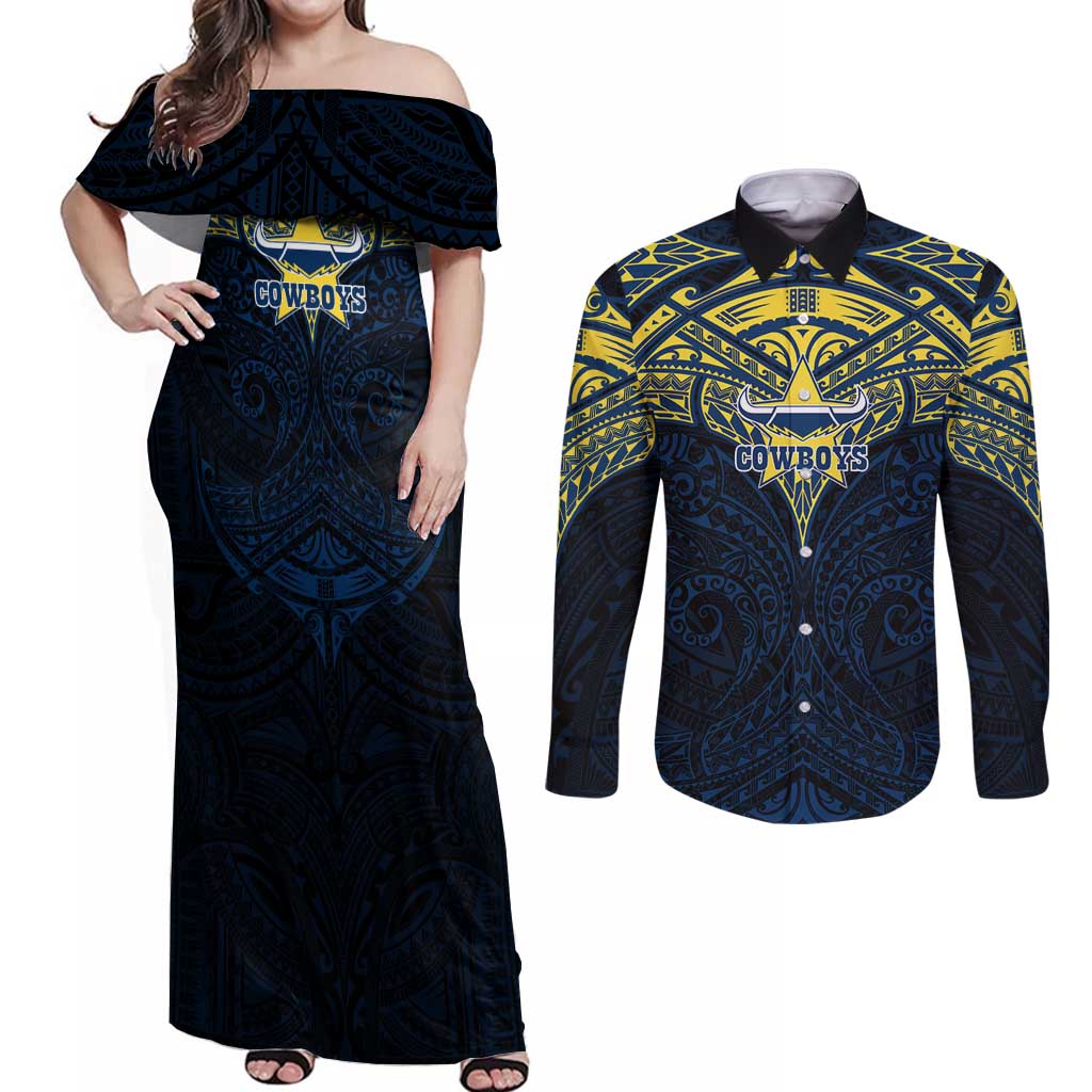 Personalized North Queensland Cowboys Couples Matching Off Shoulder Maxi Dress and Long Sleeve Button Shirt Polynesian Tribal Pattern Style