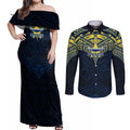 Personalized North Queensland Cowboys Couples Matching Off Shoulder Maxi Dress and Long Sleeve Button Shirt Polynesian Tribal Pattern Style