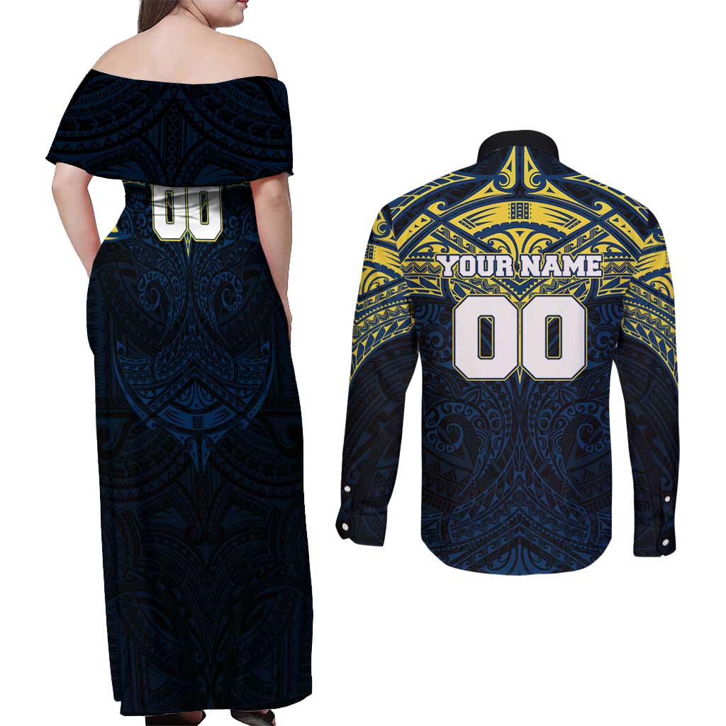Personalized North Queensland Cowboys Couples Matching Off Shoulder Maxi Dress and Long Sleeve Button Shirt Polynesian Tribal Pattern Style