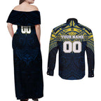 Personalized North Queensland Cowboys Couples Matching Off Shoulder Maxi Dress and Long Sleeve Button Shirt Polynesian Tribal Pattern Style