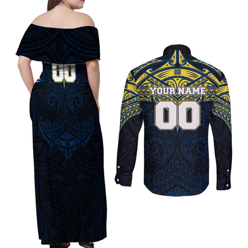 Personalized North Queensland Cowboys Couples Matching Off Shoulder Maxi Dress and Long Sleeve Button Shirt Polynesian Tribal Pattern Style