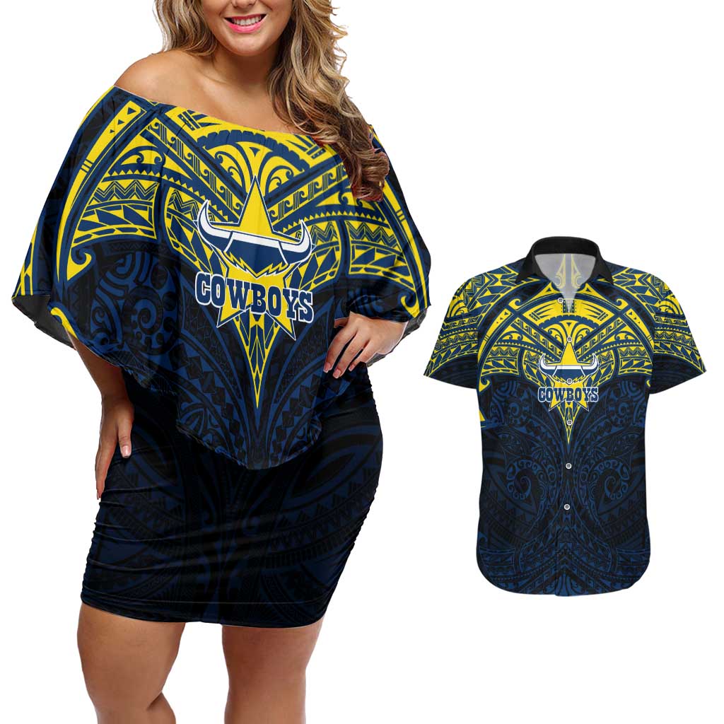 Personalized North Queensland Cowboys Couples Matching Off Shoulder Short Dress and Hawaiian Shirt Polynesian Tribal Pattern Style