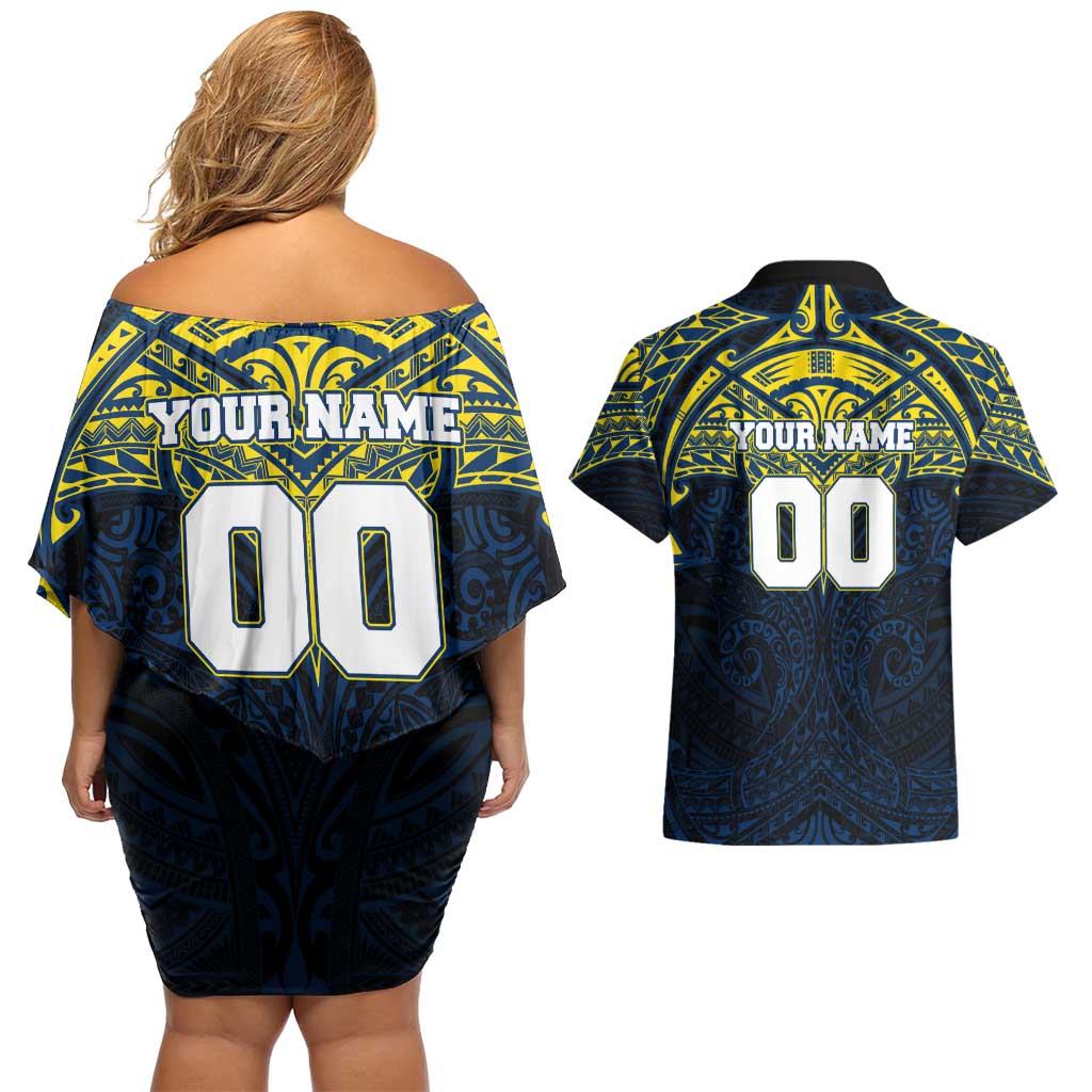 Personalized North Queensland Cowboys Couples Matching Off Shoulder Short Dress and Hawaiian Shirt Polynesian Tribal Pattern Style