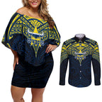 Personalized North Queensland Cowboys Couples Matching Off Shoulder Short Dress and Long Sleeve Button Shirt Polynesian Tribal Pattern Style