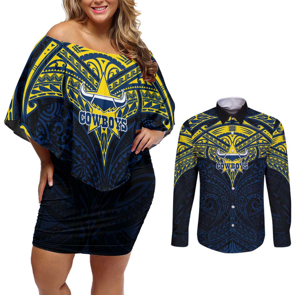Personalized North Queensland Cowboys Couples Matching Off Shoulder Short Dress and Long Sleeve Button Shirt Polynesian Tribal Pattern Style