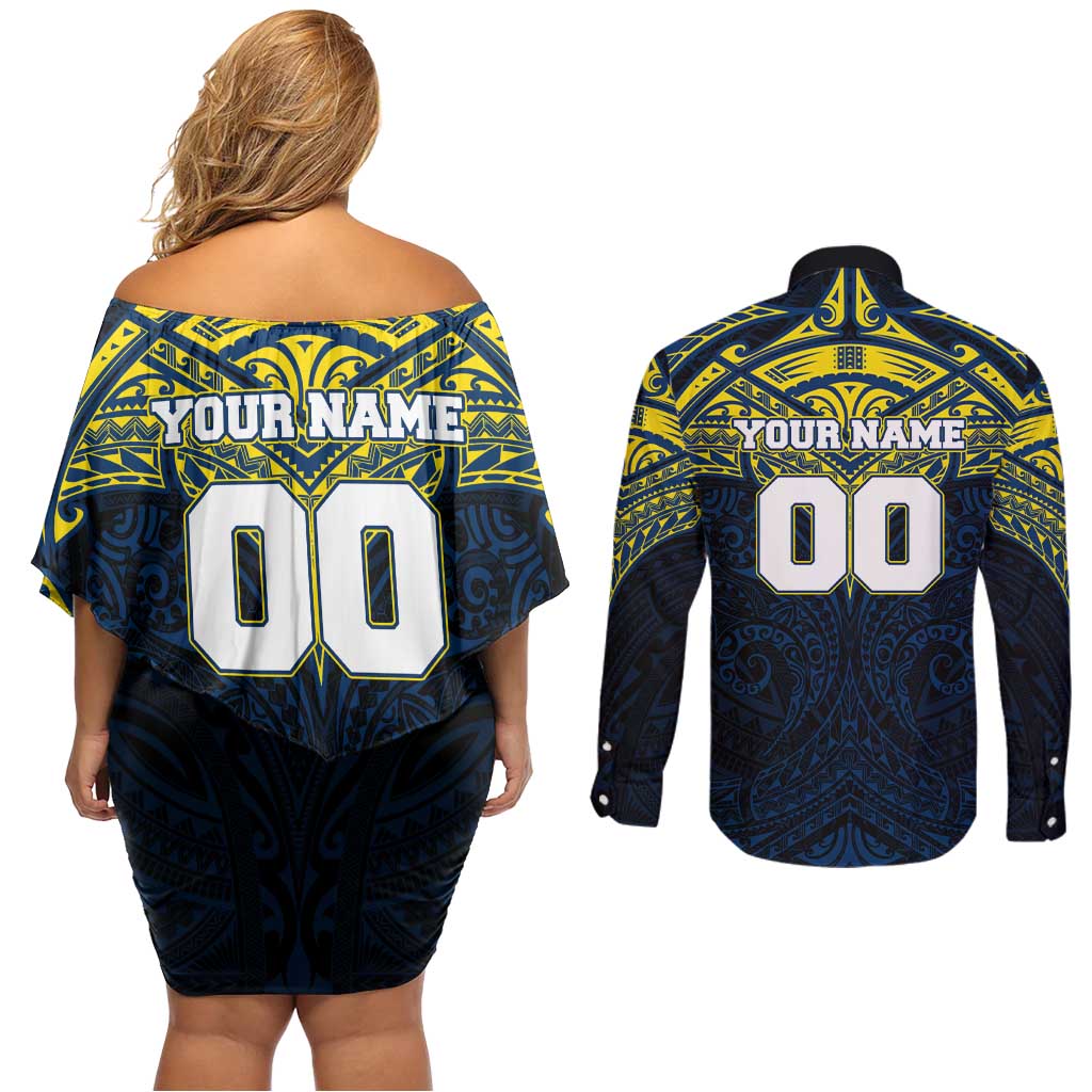 Personalized North Queensland Cowboys Couples Matching Off Shoulder Short Dress and Long Sleeve Button Shirt Polynesian Tribal Pattern Style