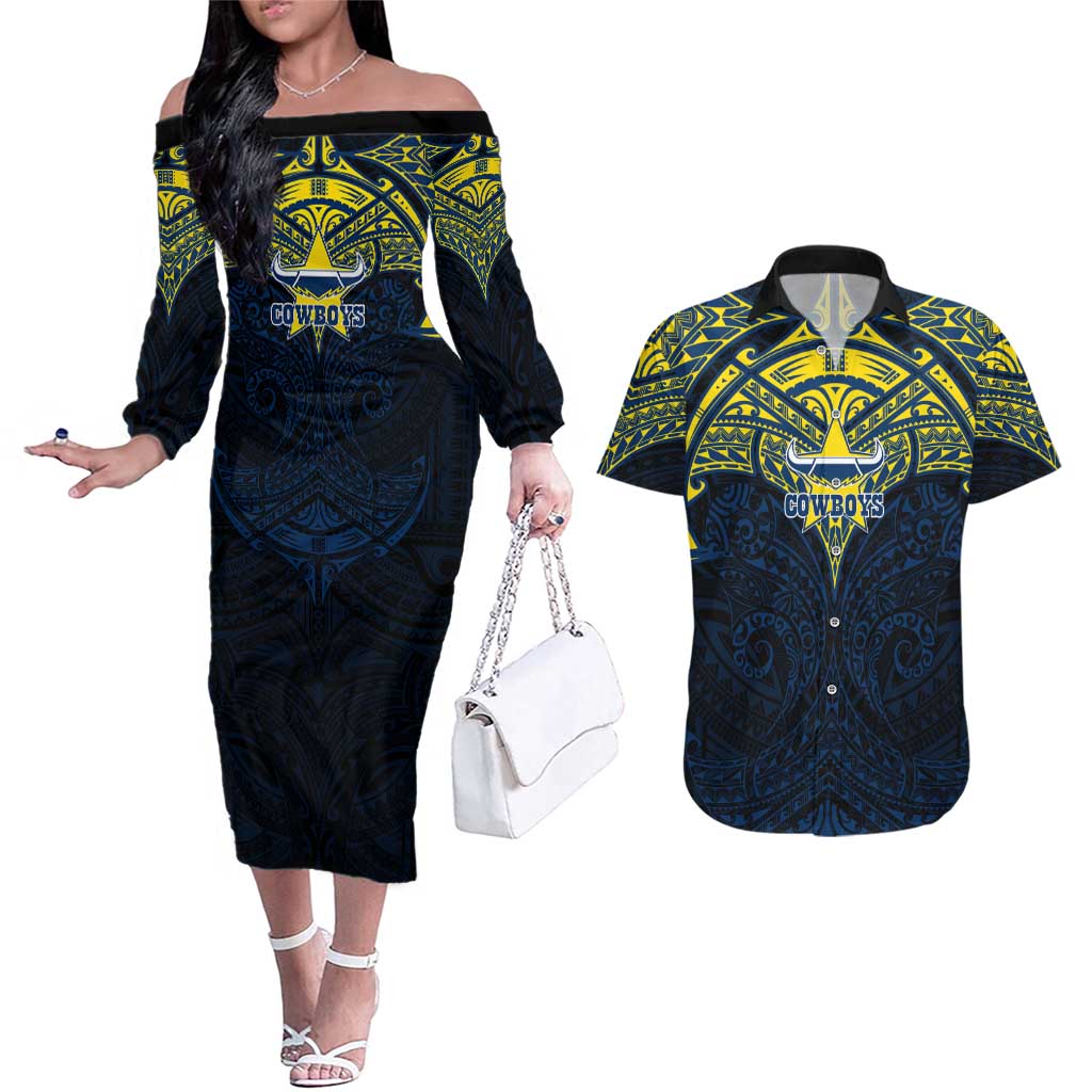 Personalized North Queensland Cowboys Couples Matching Off The Shoulder Long Sleeve Dress and Hawaiian Shirt Polynesian Tribal Pattern Style