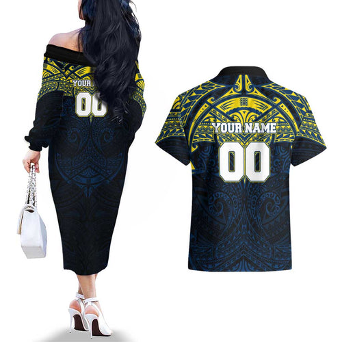 Personalized North Queensland Cowboys Couples Matching Off The Shoulder Long Sleeve Dress and Hawaiian Shirt Polynesian Tribal Pattern Style