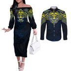 Personalized North Queensland Cowboys Couples Matching Off The Shoulder Long Sleeve Dress and Long Sleeve Button Shirt Polynesian Tribal Pattern Style