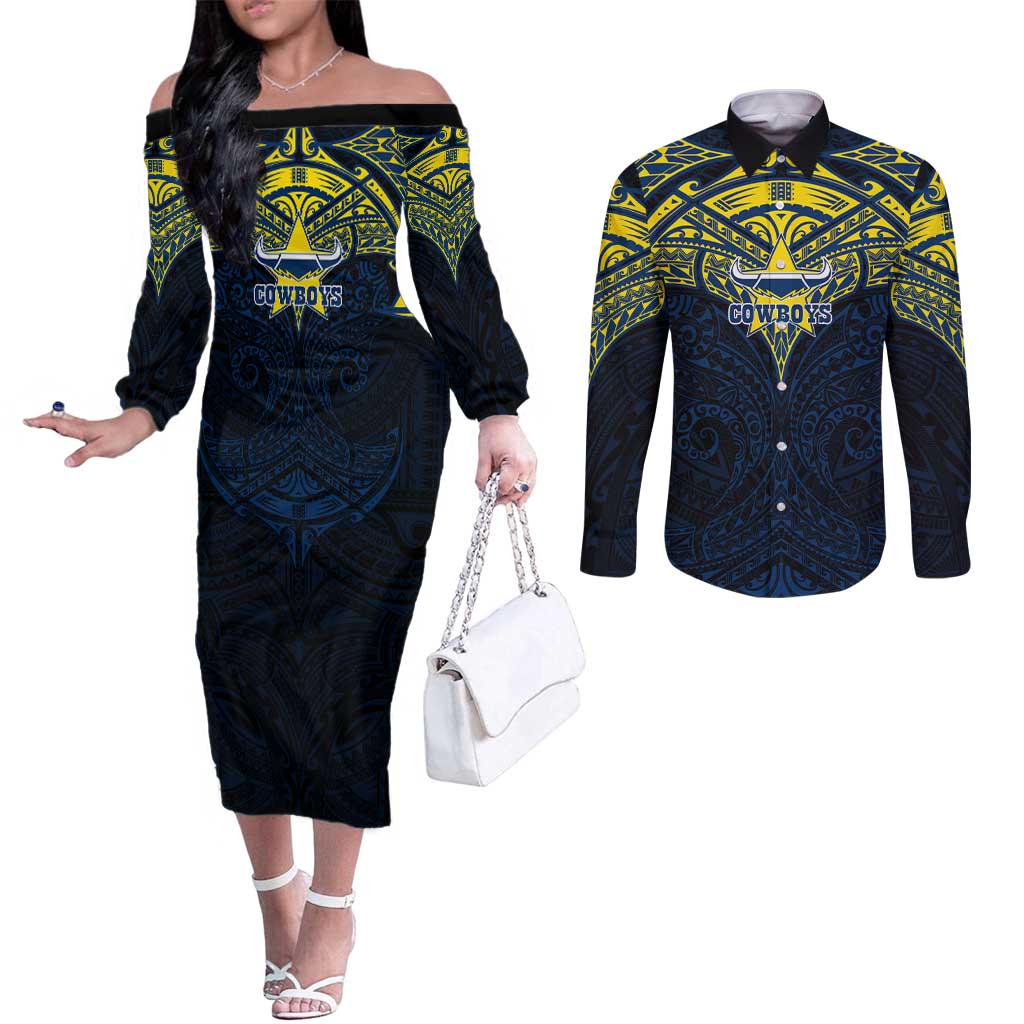 Personalized North Queensland Cowboys Couples Matching Off The Shoulder Long Sleeve Dress and Long Sleeve Button Shirt Polynesian Tribal Pattern Style