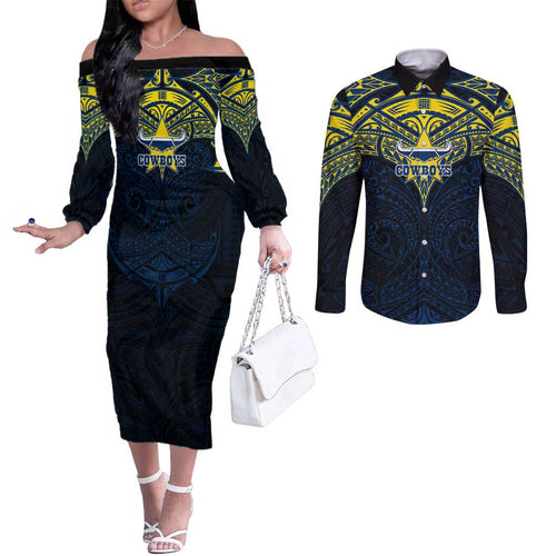 Personalized North Queensland Cowboys Couples Matching Off The Shoulder Long Sleeve Dress and Long Sleeve Button Shirt Polynesian Tribal Pattern Style