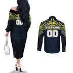 Personalized North Queensland Cowboys Couples Matching Off The Shoulder Long Sleeve Dress and Long Sleeve Button Shirt Polynesian Tribal Pattern Style