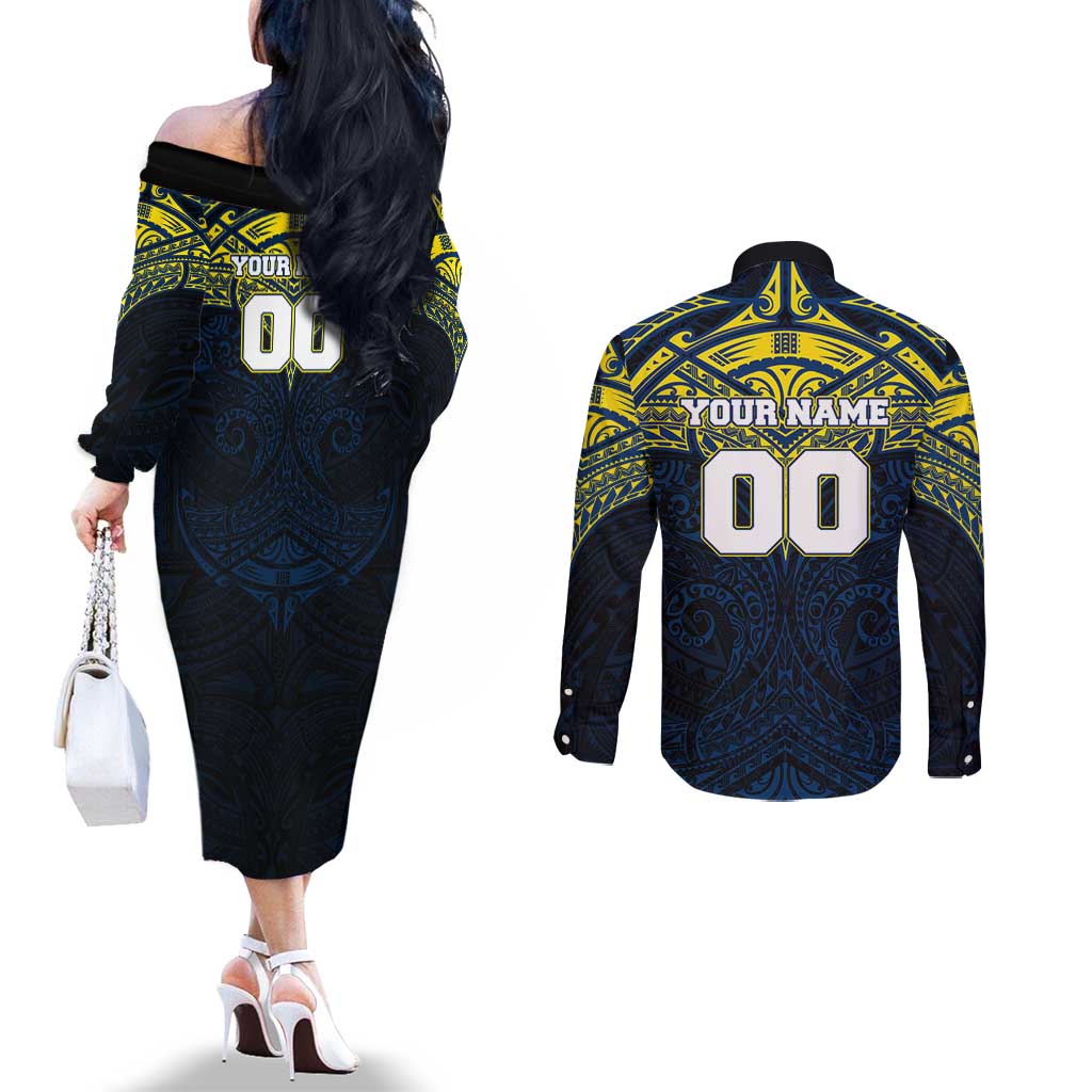 Personalized North Queensland Cowboys Couples Matching Off The Shoulder Long Sleeve Dress and Long Sleeve Button Shirt Polynesian Tribal Pattern Style