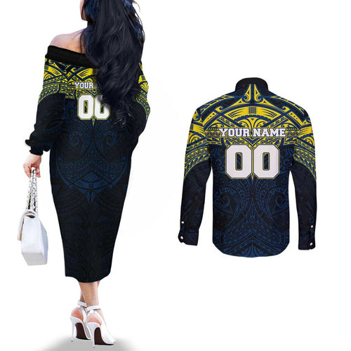 Personalized North Queensland Cowboys Couples Matching Off The Shoulder Long Sleeve Dress and Long Sleeve Button Shirt Polynesian Tribal Pattern Style