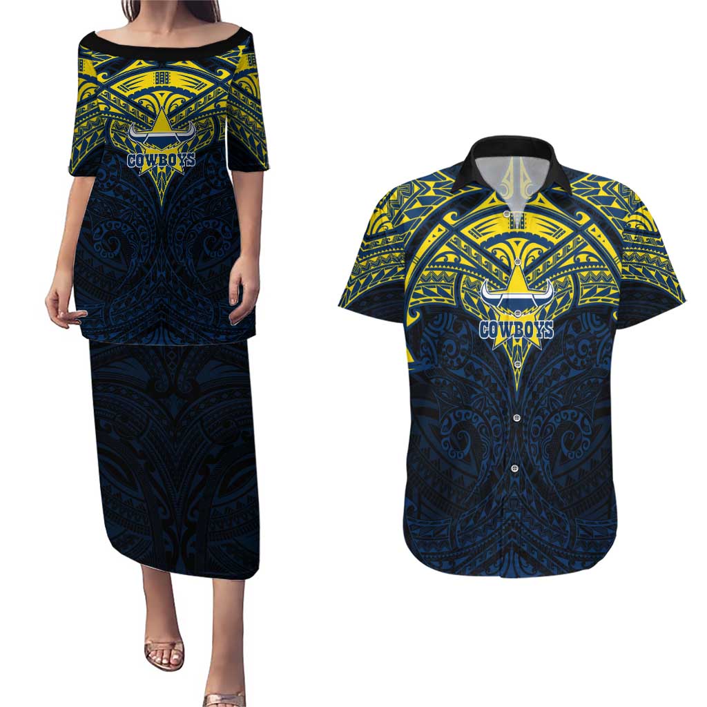 Personalized North Queensland Cowboys Couples Matching Puletasi and Hawaiian Shirt Polynesian Tribal Pattern Style