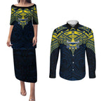 Personalized North Queensland Cowboys Couples Matching Puletasi and Long Sleeve Button Shirt Polynesian Tribal Pattern Style