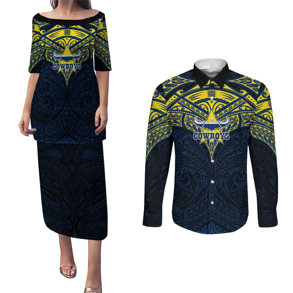 Personalized North Queensland Cowboys Couples Matching Puletasi and Long Sleeve Button Shirt Polynesian Tribal Pattern Style
