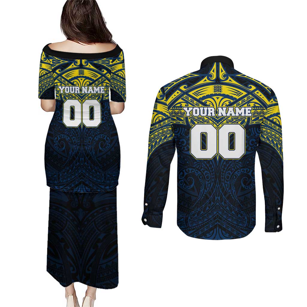 Personalized North Queensland Cowboys Couples Matching Puletasi and Long Sleeve Button Shirt Polynesian Tribal Pattern Style