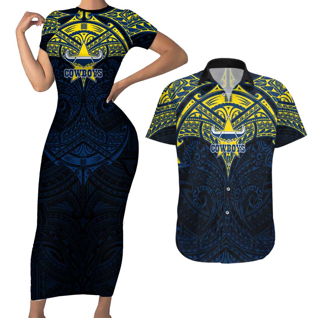 Personalized North Queensland Cowboys Couples Matching Short Sleeve Bodycon Dress and Hawaiian Shirt Polynesian Tribal Pattern Style