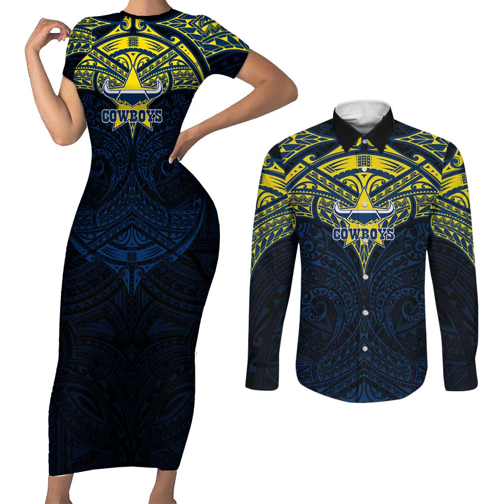 Personalized North Queensland Cowboys Couples Matching Short Sleeve Bodycon Dress and Long Sleeve Button Shirt Polynesian Tribal Pattern Style