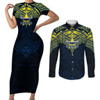 Personalized North Queensland Cowboys Couples Matching Short Sleeve Bodycon Dress and Long Sleeve Button Shirt Polynesian Tribal Pattern Style
