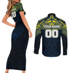 Personalized North Queensland Cowboys Couples Matching Short Sleeve Bodycon Dress and Long Sleeve Button Shirt Polynesian Tribal Pattern Style