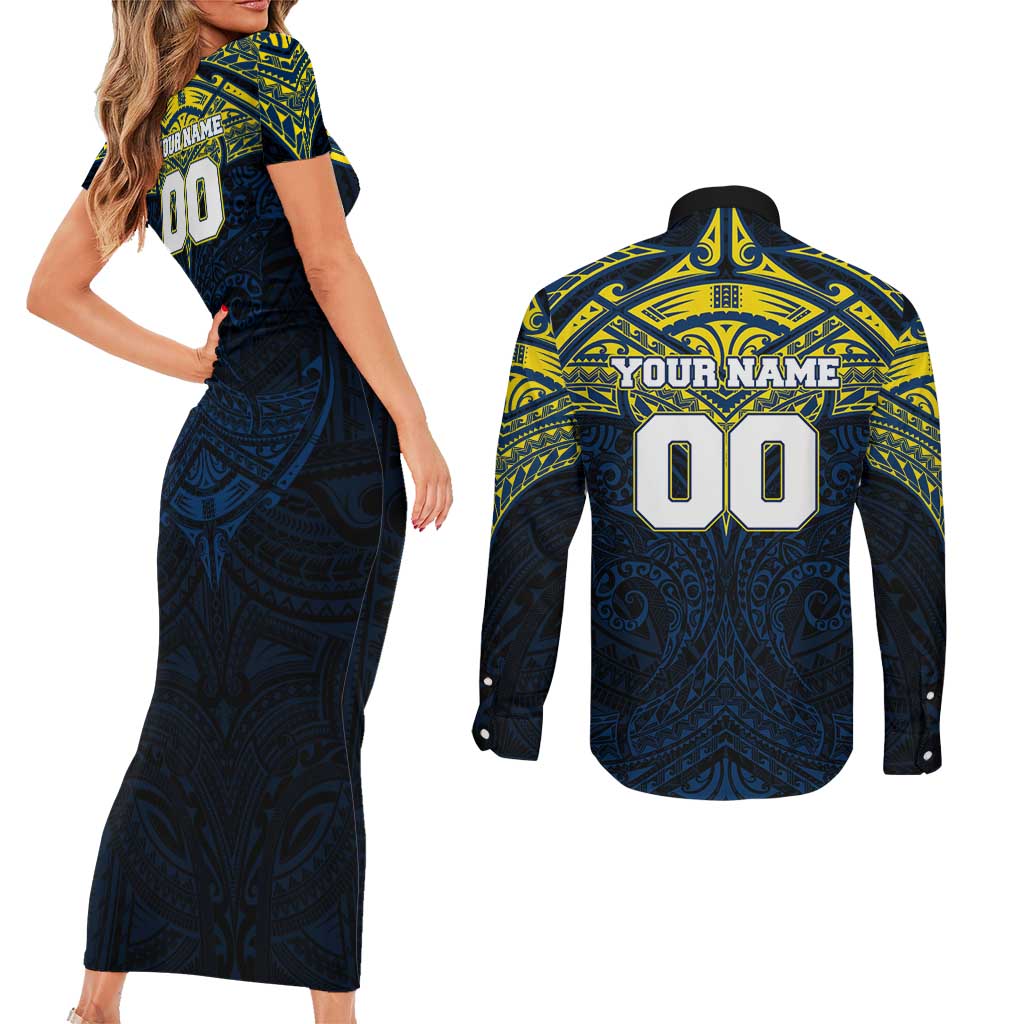 Personalized North Queensland Cowboys Couples Matching Short Sleeve Bodycon Dress and Long Sleeve Button Shirt Polynesian Tribal Pattern Style