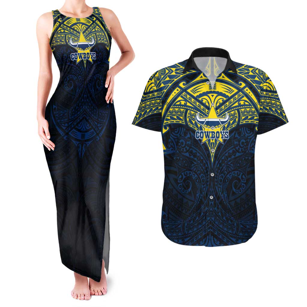 Personalized North Queensland Cowboys Couples Matching Tank Maxi Dress and Hawaiian Shirt Polynesian Tribal Pattern Style