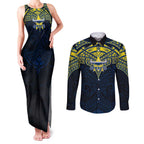 Personalized North Queensland Cowboys Couples Matching Tank Maxi Dress and Long Sleeve Button Shirt Polynesian Tribal Pattern Style