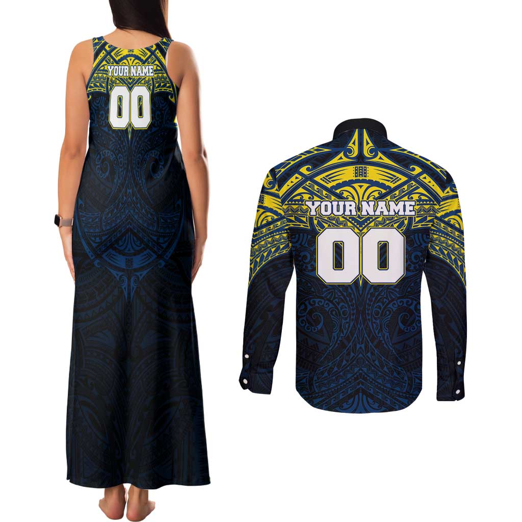 Personalized North Queensland Cowboys Couples Matching Tank Maxi Dress and Long Sleeve Button Shirt Polynesian Tribal Pattern Style