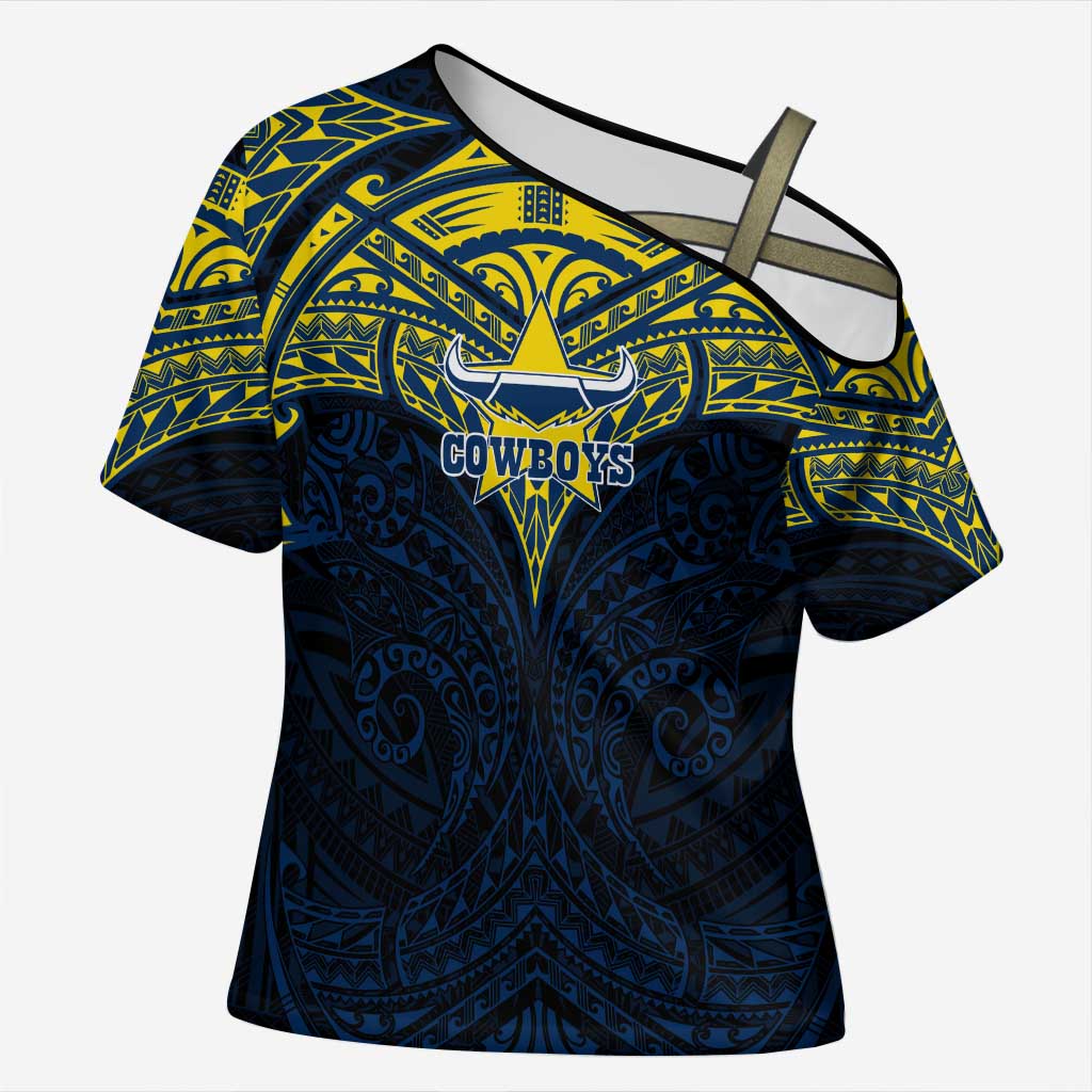 Personalized North Queensland Cowboys Cross Shoulder Shirt Polynesian Tribal Pattern Style