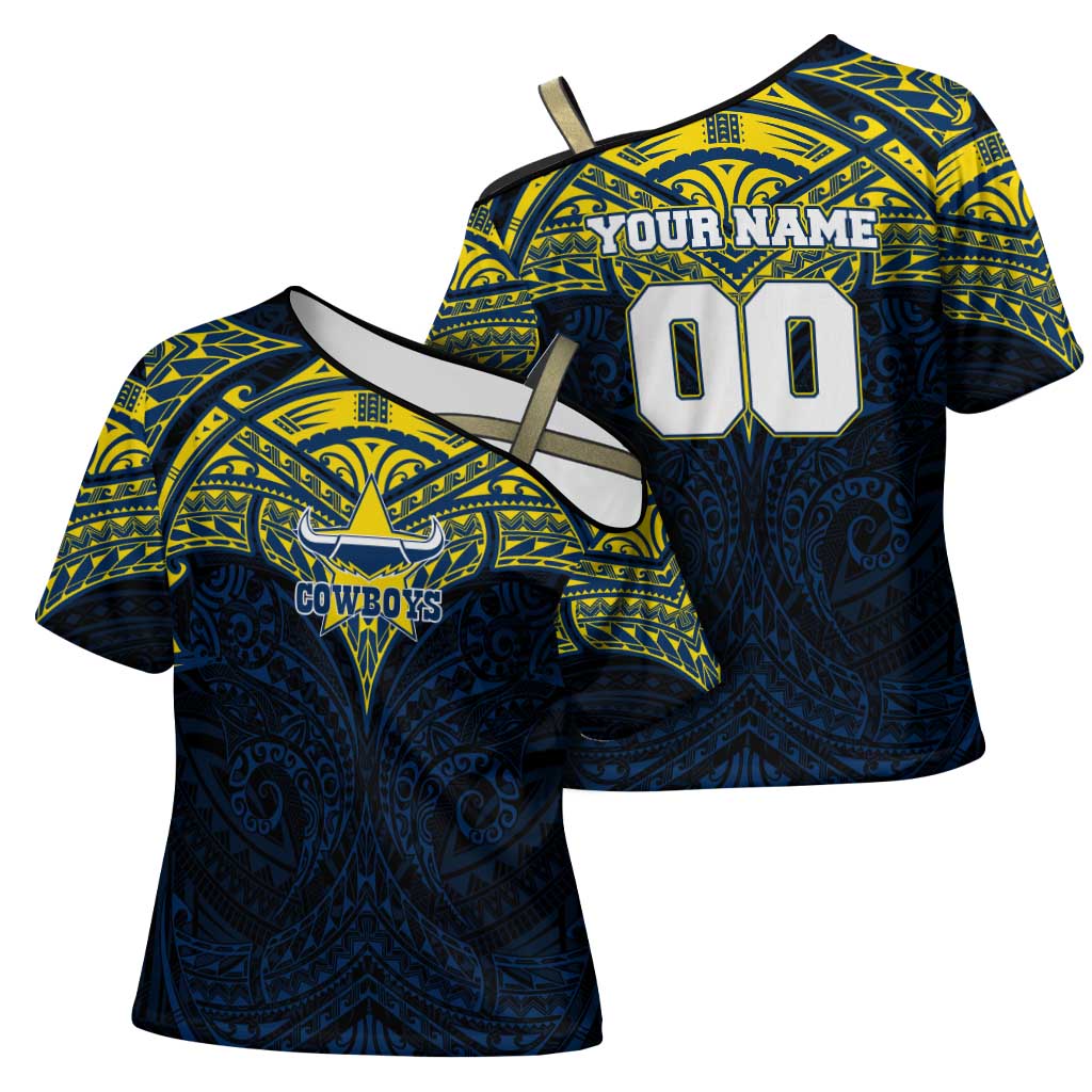 Personalized North Queensland Cowboys Cross Shoulder Shirt Polynesian Tribal Pattern Style