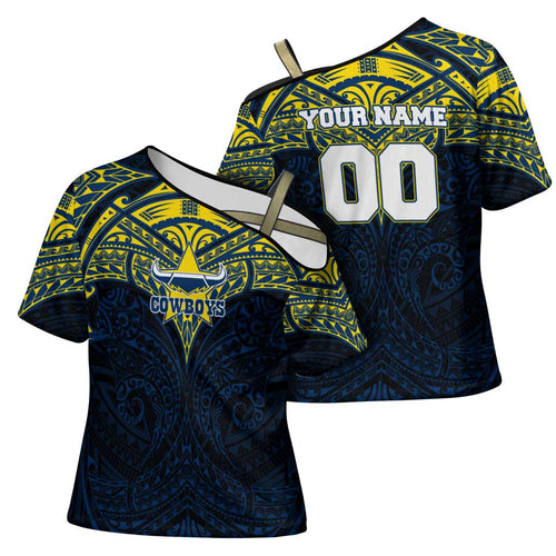 Personalized North Queensland Cowboys Cross Shoulder Shirt Polynesian Tribal Pattern Style