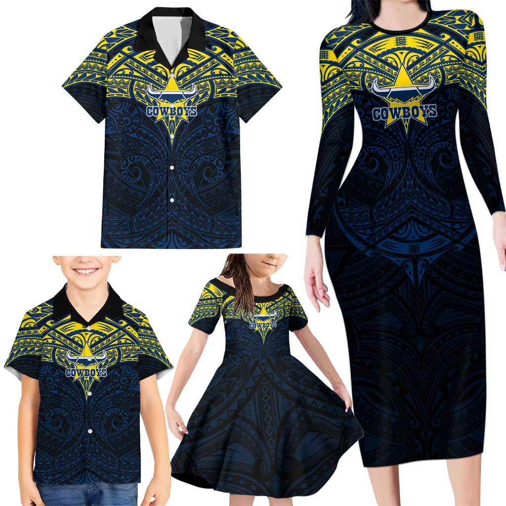Personalized North Queensland Cowboys Family Matching Long Sleeve Bodycon Dress and Hawaiian Shirt Polynesian Tribal Pattern Style