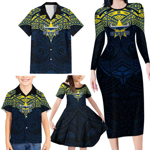 Personalized North Queensland Cowboys Family Matching Long Sleeve Bodycon Dress and Hawaiian Shirt Polynesian Tribal Pattern Style