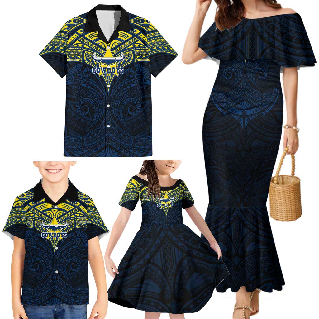 Personalized North Queensland Cowboys Family Matching Mermaid Dress and Hawaiian Shirt Polynesian Tribal Pattern Style