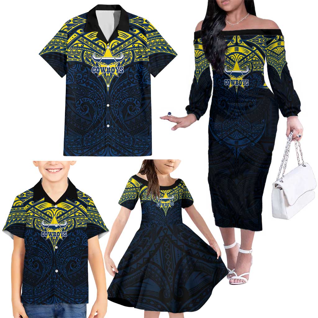 Personalized North Queensland Cowboys Family Matching Off The Shoulder Long Sleeve Dress and Hawaiian Shirt Polynesian Tribal Pattern Style